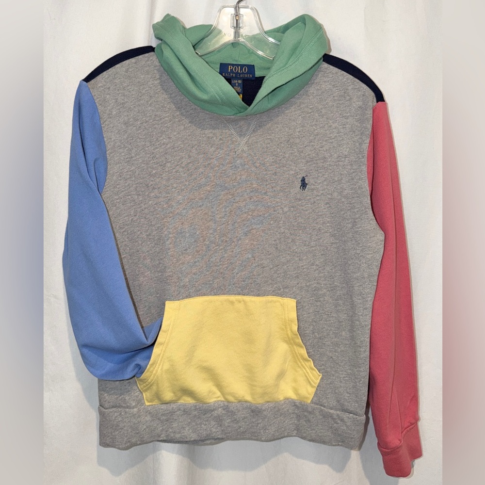 Polo Ralph Lauren Hoodie Colorblock Blue Gray Yellow Pullover Sweatshirt L 14 16 - Picture 3 of 13